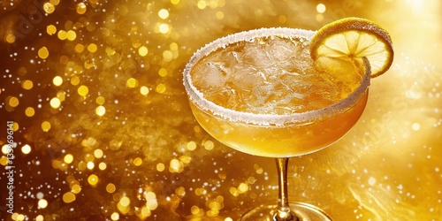 Floating sidecar cocktail with sugared rim and lemon zest on a bright gold background