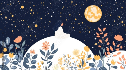 Person meditating peacefully beneath a starry sky and floral surroundings