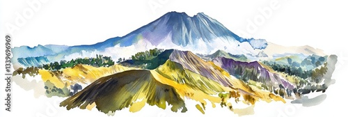 Watercolor Bromo Tengger Semeru National Park Indonesia Landscape - Majestic mountain vista, serene nature scene, vibrant colors, peaceful landscape, Indonesian scenery. Symbolizing tranquility photo