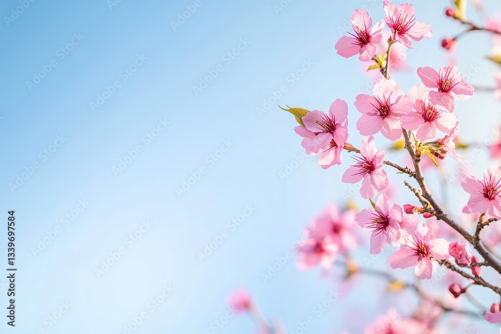 Obraz premium 春の空の下で咲く淡い桜の花々を楽しむ