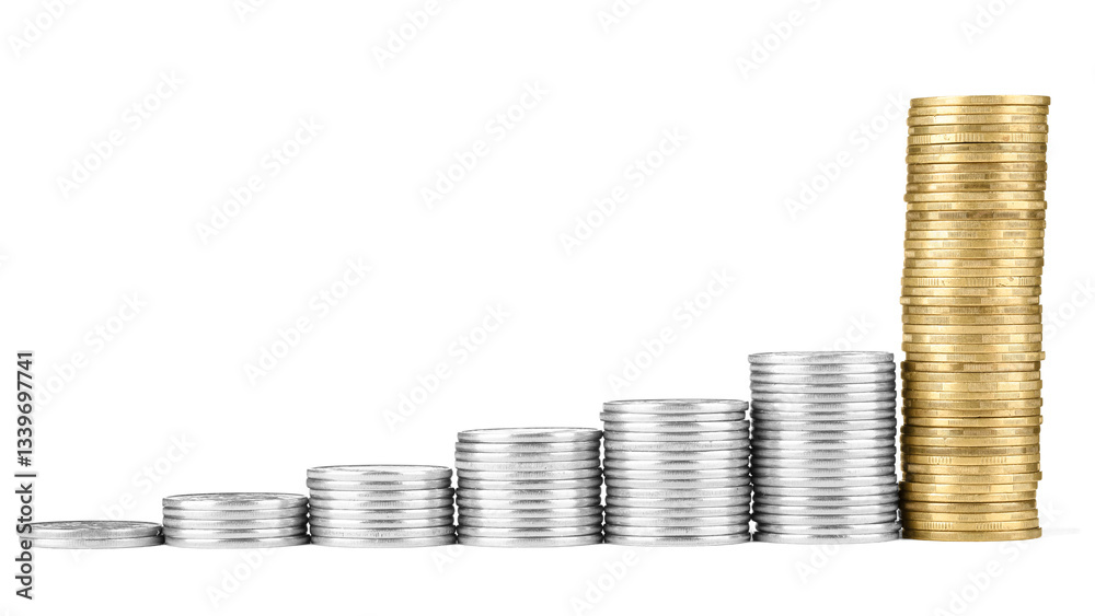 Stacks of different coins isolated on white