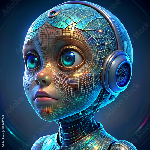 A futuristic robot child wearing headphones.