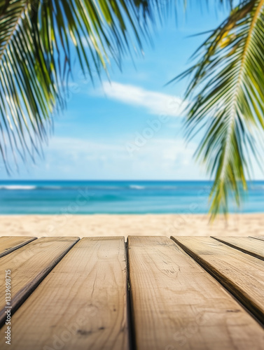 Relaxing wooden table top in front of a blurred tropical beach with palm trees and ocean waves under a clear sky