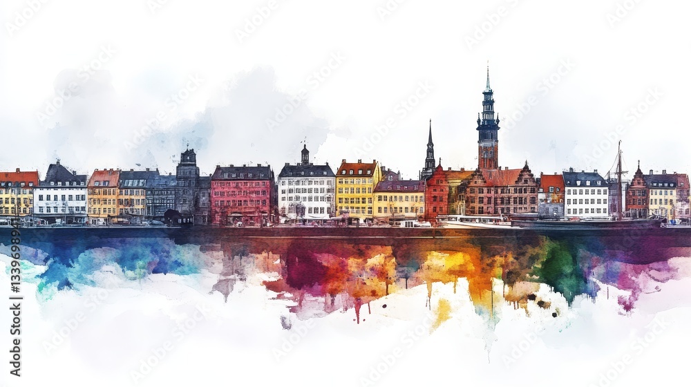 Obraz premium Watercolor Copenhagen Skyline - Vibrant watercolor cityscape of Copenhagen, Denmark. Symbolizing travel, architecture, urban beauty, Danish culture, and artistic expression