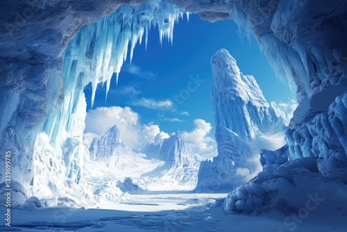 Frozen landscape within a majestic ice cave.  Sunlight streams through the icy archway, illuminating a vast expanse of snow-covered mountains and glaciers.  Icicles hang from the cave ceiling photo