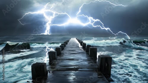 Pier is shown in the middle of a stormy sea. The waves are crashing against the pier, and the water is choppy. Scene is intense and dramatic, as the stormy weather creates a sense of danger