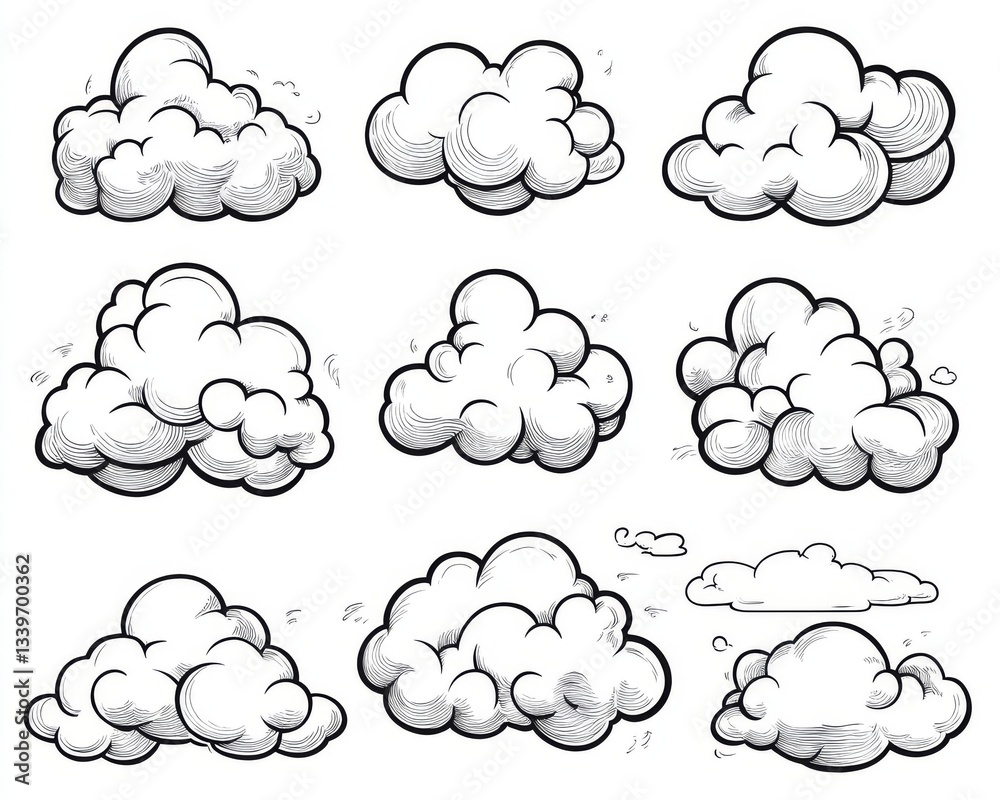 Black and white doodles, drawn by hand, depicting current steam clouds, smoke, and fog Black and white doodles, drawn by hand, depicting current steam clouds, smoke, and fog