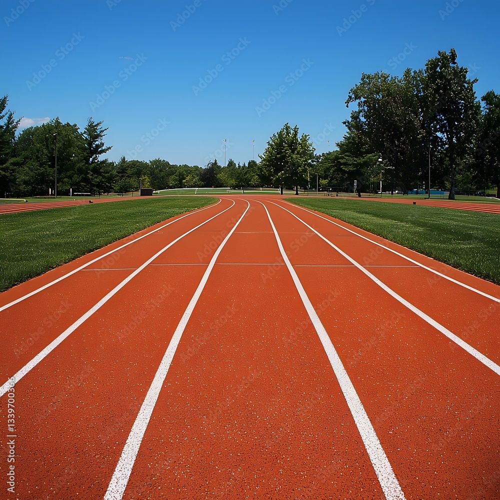 Red Athletic Track Under Clear Blue Sky Surrounded by Green Trees Red Athletic Track Under Clear Blue Sky Surrounded by Green Trees