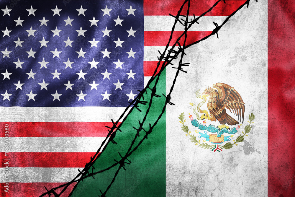 Grunge flags of USA and Mexico divided by barb wire illustration