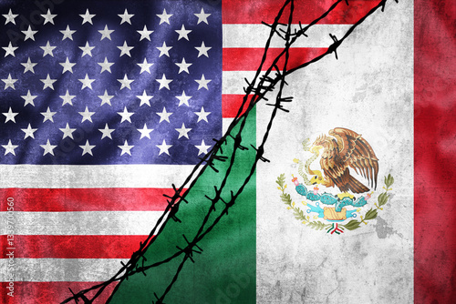 Obraz na płótnie Grunge flags of USA and Mexico divided by barb wire illustration w salonie