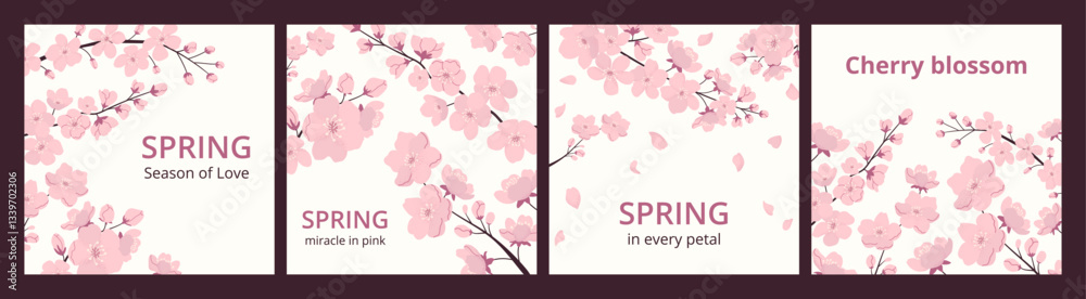 Greeting spring square cards with blossom cherry, petals and typography. Japanese tradition. Sakura festival. Template for background, cover, label, social media.