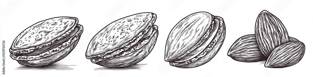 Detailed black-and-white illustrations of various nuts highlighting their texture Detailed black-and-white illustrations of various nuts highlighting their texture