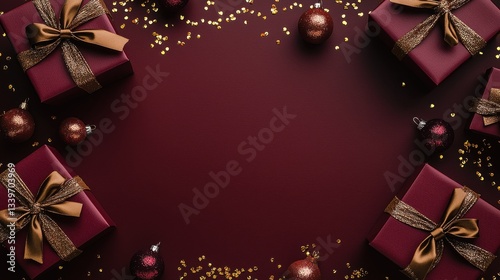 Wallpaper Mural Festive burgundy and gold Christmas gifts and ornaments arranged on a matching background with confetti. Torontodigital.ca