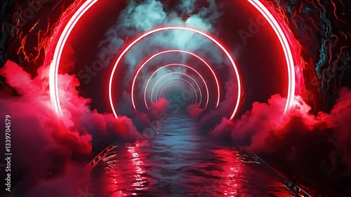 Red tunnel with smoke and fire. The tunnel is lit up with neon lights. The tunnel is dark and mysterious