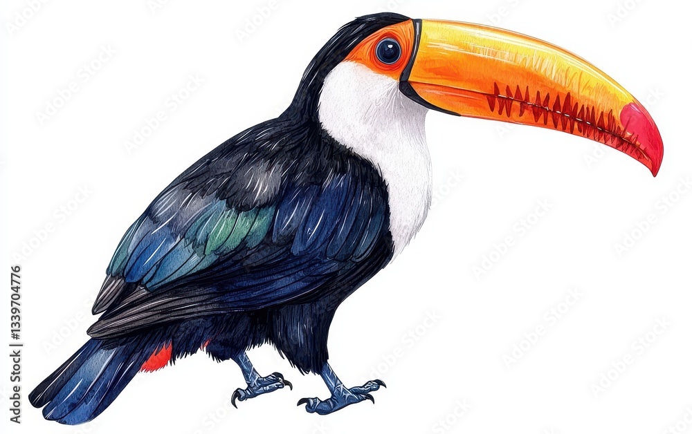 Fototapeta premium Painted drawing illustration of a small toucan with a colorful beak and shiny feathers. On white background. Kids book style