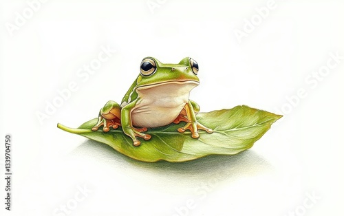 Painted drawing illustration of a small frog sitting on a floating leaf. On white background. Kids book style photo