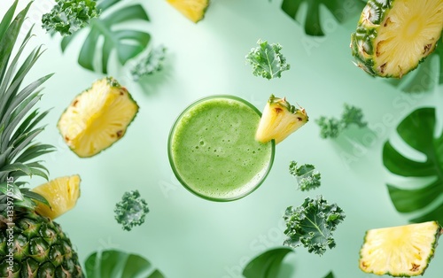 Pineapple and kale green detox smoothie flying with tropical leaves on a soft lime pastel background