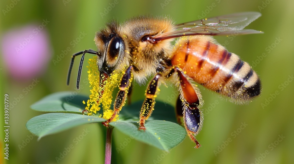 A close-up shows a honeybee gathering pollen on a green leaf, its body covered in yellow dust. A close-up shows a honeybee gathering pollen on a green leaf, its body covered in yellow dust.