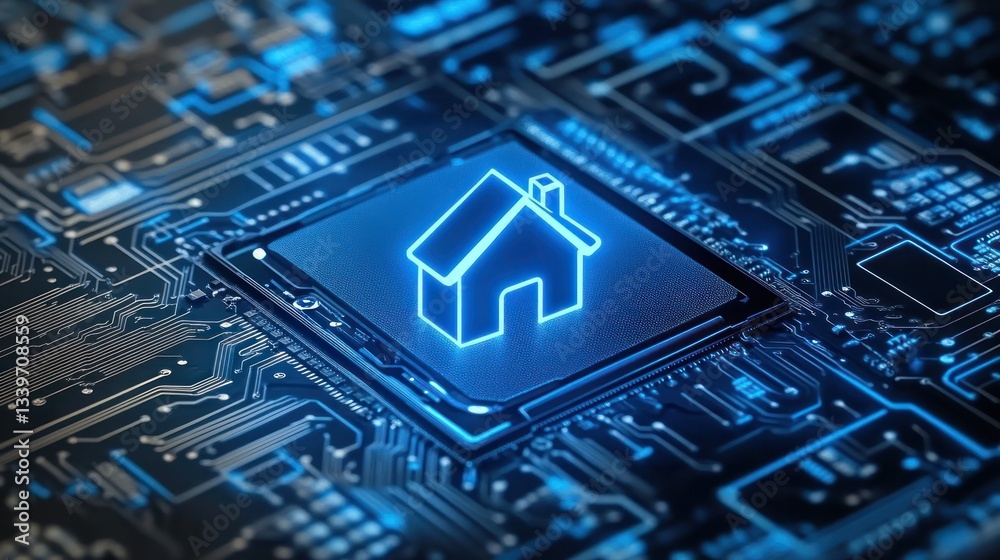 Fototapeta premium A glowing house symbol rests on a circuit board