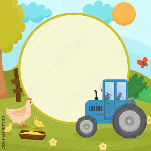 Bright cartoon landscape with a tractor, a farmer and domestic animals, designed in a round frame. Suitable for the theme of agriculture, village life and farm products.