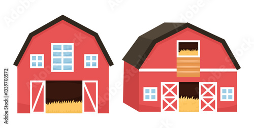 Set wooden hangar red with hay, cartoon illustration cute in different position. For farm, agriculture and village life themes