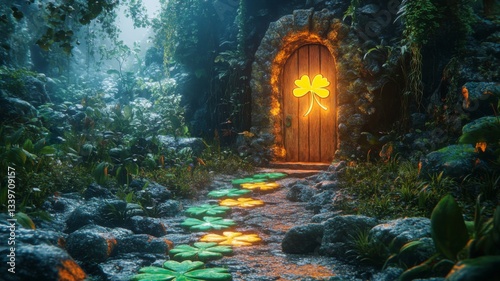 Enchanting Forest Path Leads to Magical Clover Door