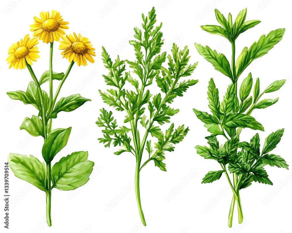 Fototapeta premium Watercolor image of three kinds of green plants with yellow flowers