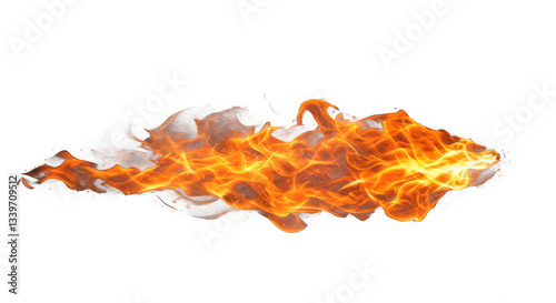 A horizontal stream of bright orange fire flames against a stark black background in a studio shot photo