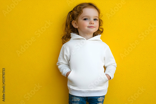 A little girl wearing a blank white hoodie, standing in front of a yellow wall, perfect for a toddler apparel mockup. 40k, , high resolution
