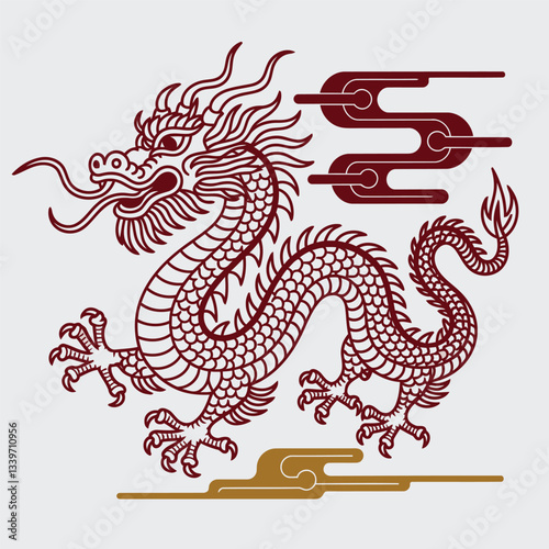 Wallpaper Mural Vector illustration of a traditional Chinese dragon in elegant line art style. The dragon is depicted in a dynamic pose with intricate scales, flowing whiskers, and sharp claws. Surrounding Torontodigital.ca