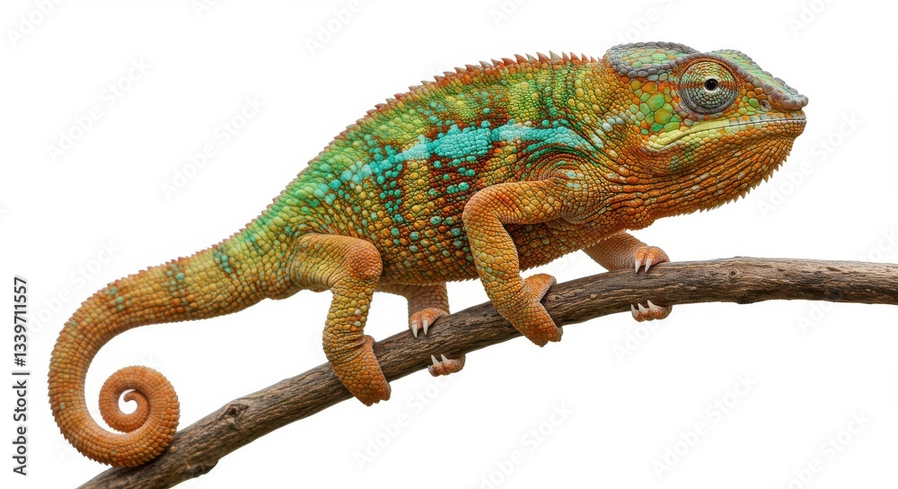 A colorful chameleon perched on a branch with a white background in a studio setting view from the side