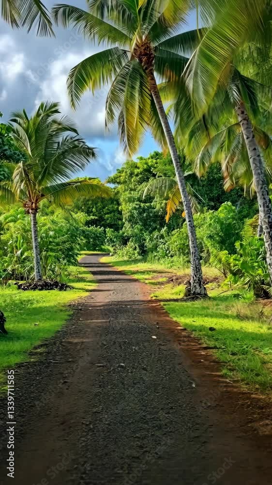 Tropical pathway lined with palm trees under a bright sky in a lush green landscape Tropical pathway lined with palm trees under a bright sky in a lush green landscape