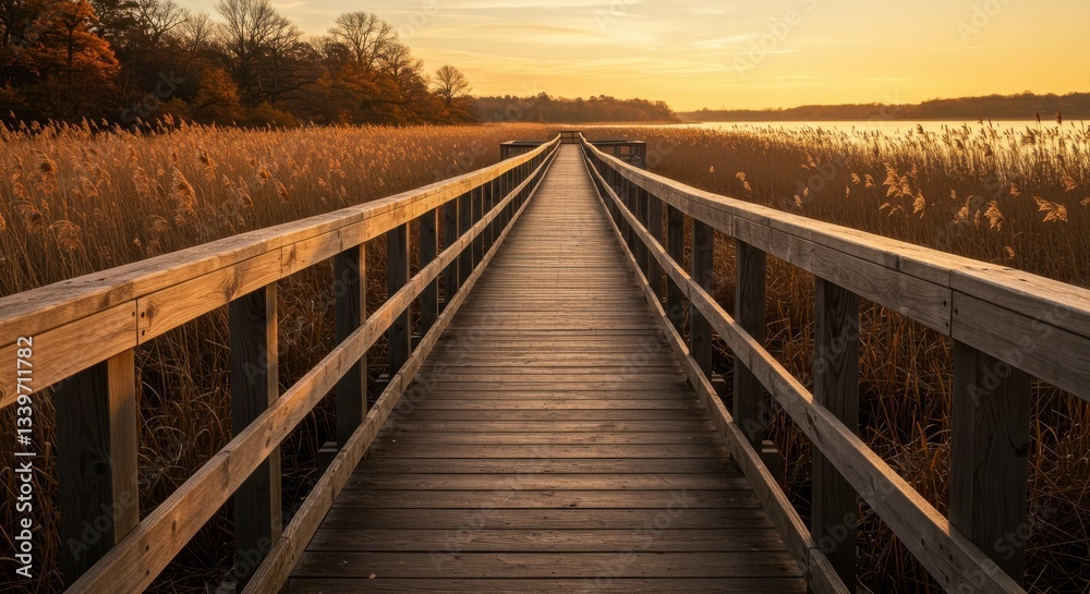 Fototapeta premium Wooden boardwalk stretches into the distance at sunset through tall golden reeds and a tranquil lake
