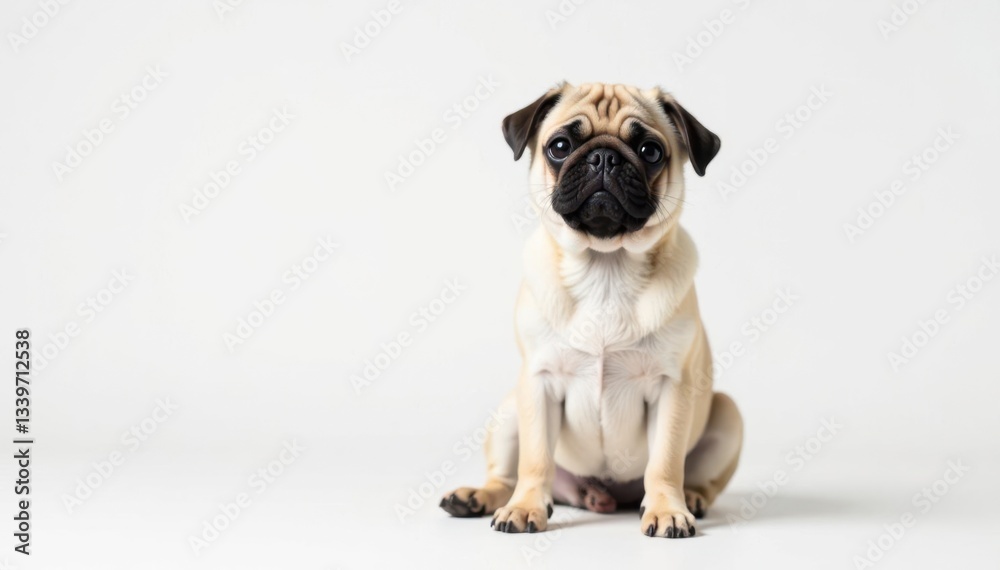 Adorable pug dog sits alone against a white background , playful, side view Adorable pug dog sits alone against a white background , playful, side view