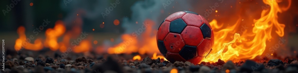 Fototapeta premium Charred football amidst intense flames, smoke billows , hot, competition, burnt