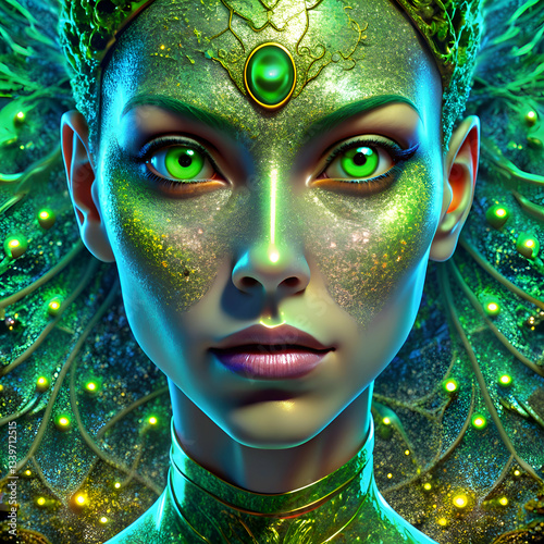 A mystical woman with glowing green eyes and shimmering skin.