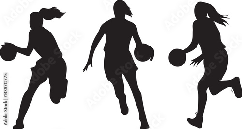 Set of Dynamic Silhouette of Female Basketball Players in Action