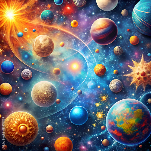 A vibrant and colorful cosmic scene with planets and stars.