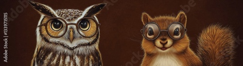 Whimsical owl and squirrel wearing glasses on brown background