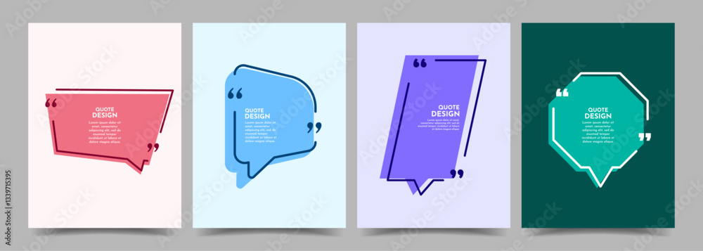 Obraz premium Vector illustration. Quote frames set. Isolated textbox. Text in brackets. Speech bubbles. Color geometric border background. Design elements for poster, book cover, brochure, magazine, flyer, ads