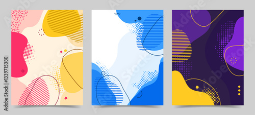 Vector illustration. Flat style banner template. Fluid shapes and lines with halftone dots background. Design elements for cover, brochure, magazine, poster, flyer. Trendy abstract colorful wallpaper