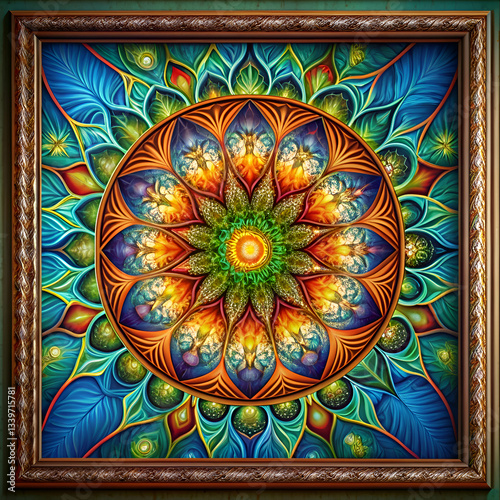 A vibrant mandala framed in ornate gold.