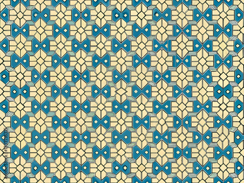 Seamless geometric pattern with blue and yellow shapes.