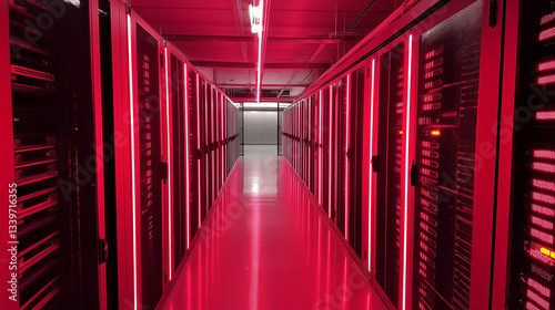Illuminated Data Center Server Racks: High-Tech Network Infrastructure, Bright LED Lights, Powerful 