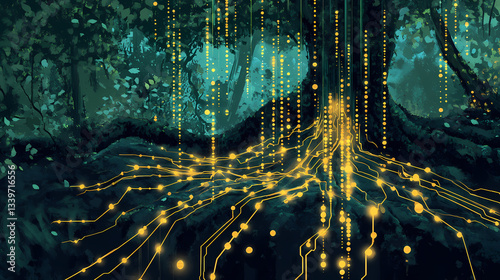 Fototapeta Naklejka Na Ścianę i Meble -  Hidden jungle with blockchain trees and golden data streams pulsating through vines and roots. Pulsating Roots. Illustration