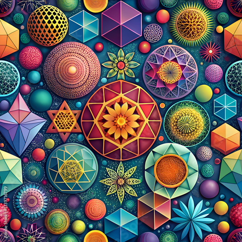 A vibrant seamless pattern of geometric shapes and flowers.