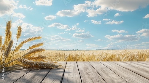 There are two golden wheat ears on the wooden floor, with a wheat field and blue sky. 10