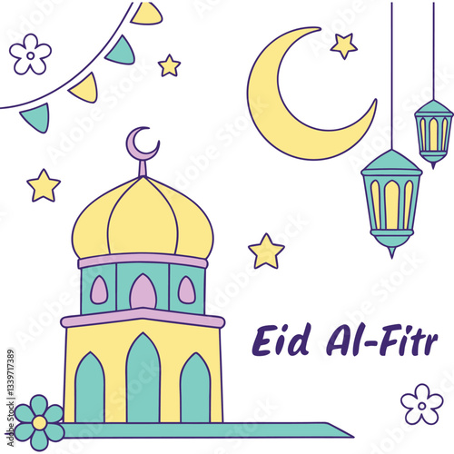 Eid al-Fitr Illustration: A cheerful illustration celebrating Eid al-Fitr, featuring a mosque, crescent moon, lanterns, stars, and decorative garlands.