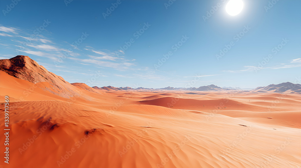 Naklejka premium The vibrant red sands of Simpson Desert under a cloudless sky, with wind-sculpted dunes stretching into the distance