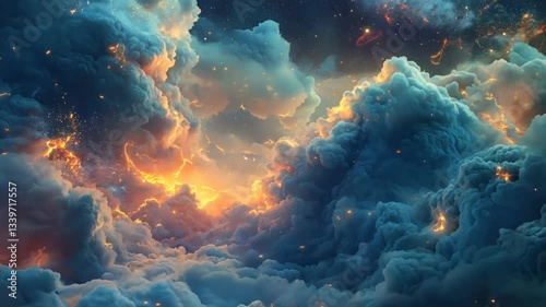 The sky is filled with clouds and the sun is setting. The clouds are illuminated with a warm orange glow, creating a serene and peaceful atmosphere